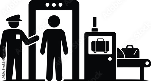 A black and white icon depicting airport security screening process for passengers and luggage