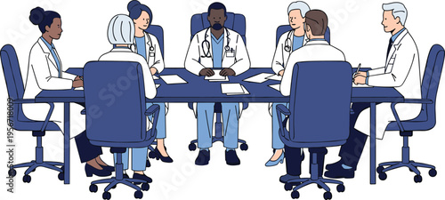 Medical team meeting with doctors discussing patient cases around table, healthcare professionals collaboration, hospital conference, teamwork and clinical decision making concept