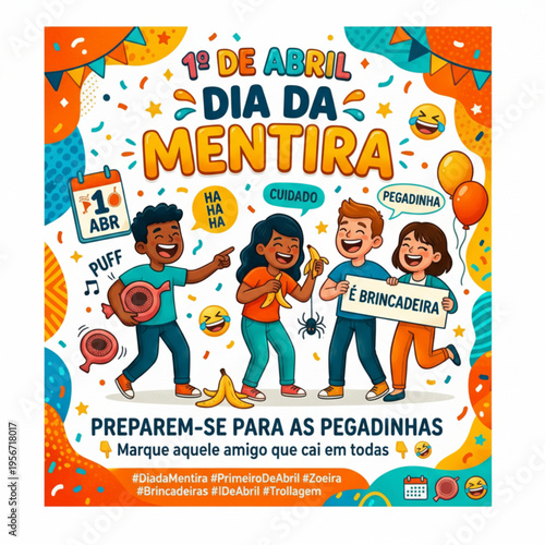1º de Abril - Dia da Mentira com Grupo de Amigos Divertidos Preparando Pegadinhas, Instrumentos Musicais e Elementos Festivos Coloridos - Brincadeiras e Humor Data Comemorativa Ilustração
