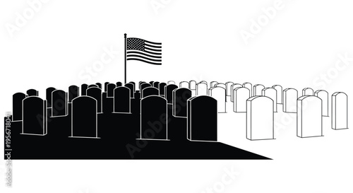 Vector illustration of cemetery with American flag and gravestones