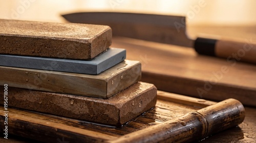 Japanese sharpening whetstones stacked on bamboo surface