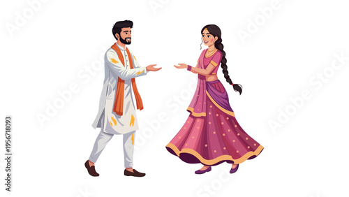 Happy Indian Couple Celebrating Holi Festival in Traditional Outfits