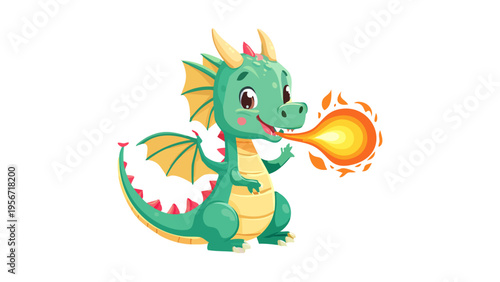 Cute little green baby dragon breathing fire fireball cartoon character