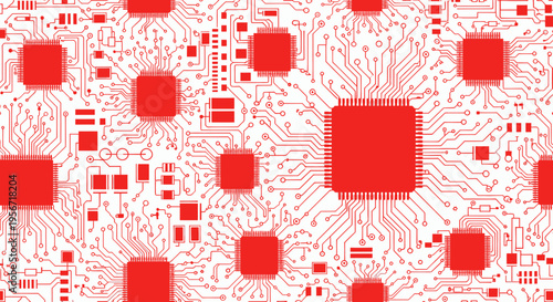 Red Circuit Board Microchip Pattern Background, Technology and Data Flow Concept