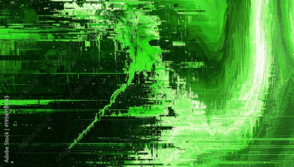 Fototapeta premium Glitch Green Abstract blurred grainy gradient background texture Digital Pixel Noise Glitch Error Damage.