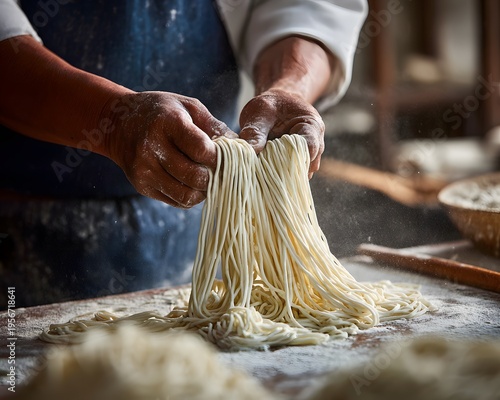 Capturing the skillful hands of a chef meticulously crafting fresh, traditional noodles from scratch, a culinary art.