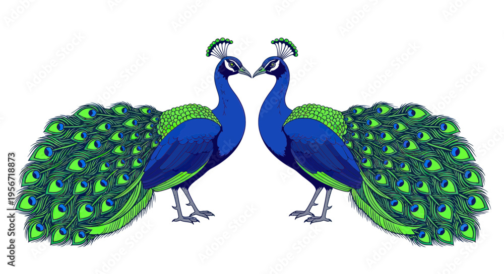 Fototapeta premium Two Elegant Peacocks Facing Each Other, Displaying Colorful Feathers