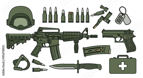 Military Equipment Collection: Rifle, Pistol, Helmet, Ammunition, Knife, First Aid Kit