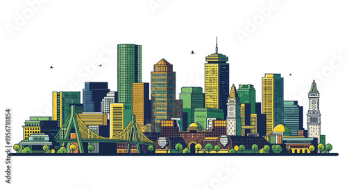 Modern City Skyline with Bridge and Tall Buildings Illustration