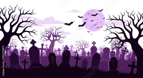 Spooky Halloween Cemetery with Full Moon and Bats