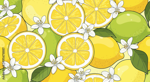 Vibrant Lemon and Lime Citrus Fruit Pattern with Blossoms
