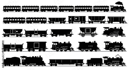 Vintage Steam Train Silhouette Collection: Locomotives and Carriages