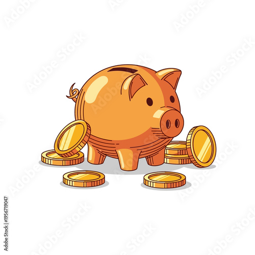 A charming illustration of a golden piggy bank surrounded by scattered gold coins, symbolizing savings and financial growth.