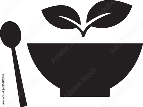 Healthy Food Bowl with Spoon and Leaf Icon