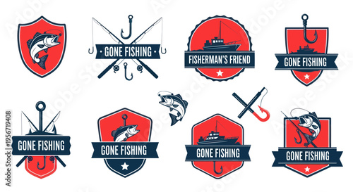 Fishing Emblems Set: Bass Fish, Fishing Rods, Hooks, Boats, Gone Fishing