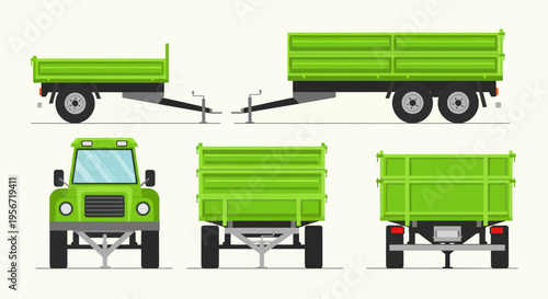 Green Agricultural Trailers and Truck Front View Set