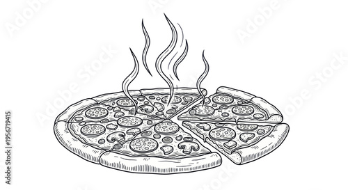 Hand-drawn pepperoni mushroom pizza with steam, isolated on white background