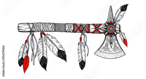Native American Tomahawk Axe with Feathers, Tribal War Tool Illustration