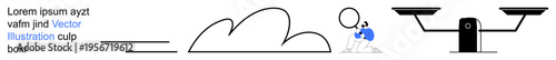 Analysis, investigation, justice, cloud storage, decision-making, legal balance. A cloud, person analyzing with a magnifying glass and scales of justice. Analysis and investigation as central