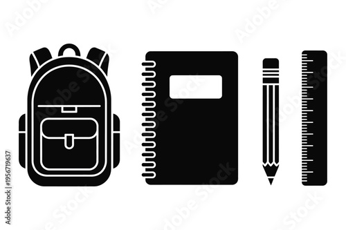 School backpack, notebook, pencil, and ruler vector icons