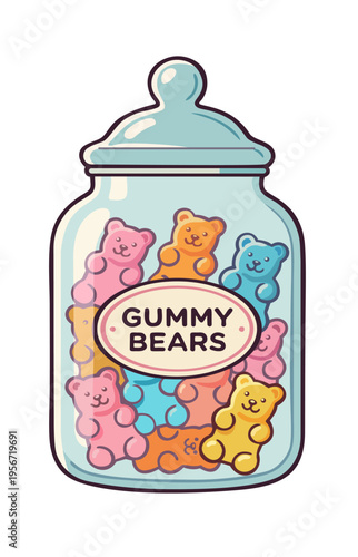 Jar with gummy bears. Vector cute isolated illustration