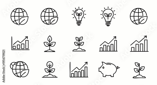 Sustainable business growth and eco-friendly development line icons set. Environment, finance, innovation, and nature conservation vector symbols.