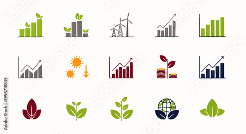 Collection of flat vector icons representing sustainable growth, green business, renewable energy, environmental finance, and ecological progress with charts and leaves.