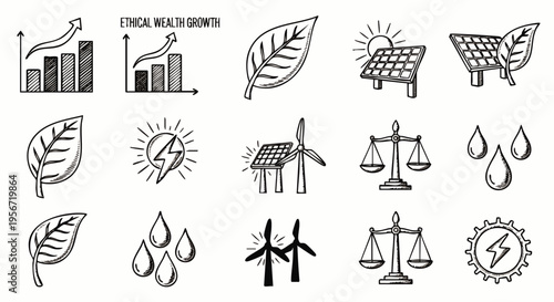 Hand-drawn doodle icons for sustainable development, ethical wealth growth, renewable energy, and environmental conservation concepts.