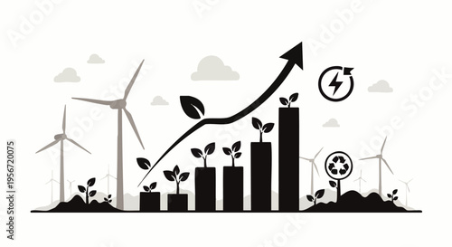 Green energy and sustainable growth concept. Illustration featuring wind turbines, a rising bar chart with leaves, and recycling symbols for environmental progress.