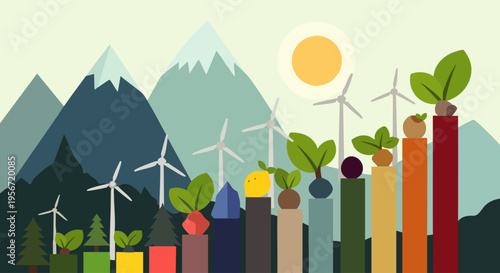 Sustainable growth concept with wind turbines, mountains, and plants on a bar chart, representing environmental progress and renewable energy.