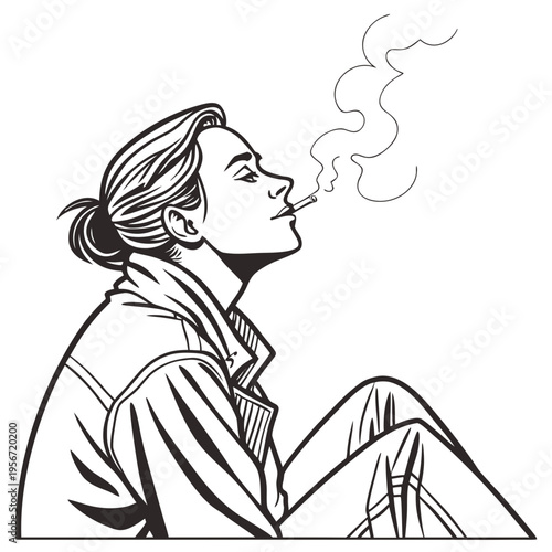 Side View Sketch of a Woman Smoking, Capturing the Calm and Contemplative Expression image vector.