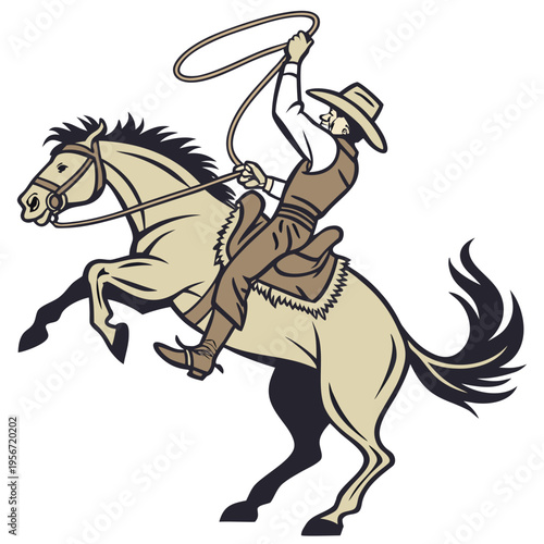 Cowboy Riding Horse image vector. Cowboy riding a bucking horse illustration on white background.