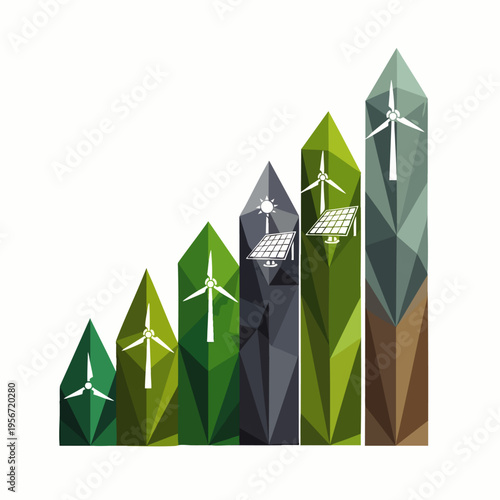 Renewable energy growth graph with wind turbines and solar panels, symbolizing eco-friendly progress and sustainable development.