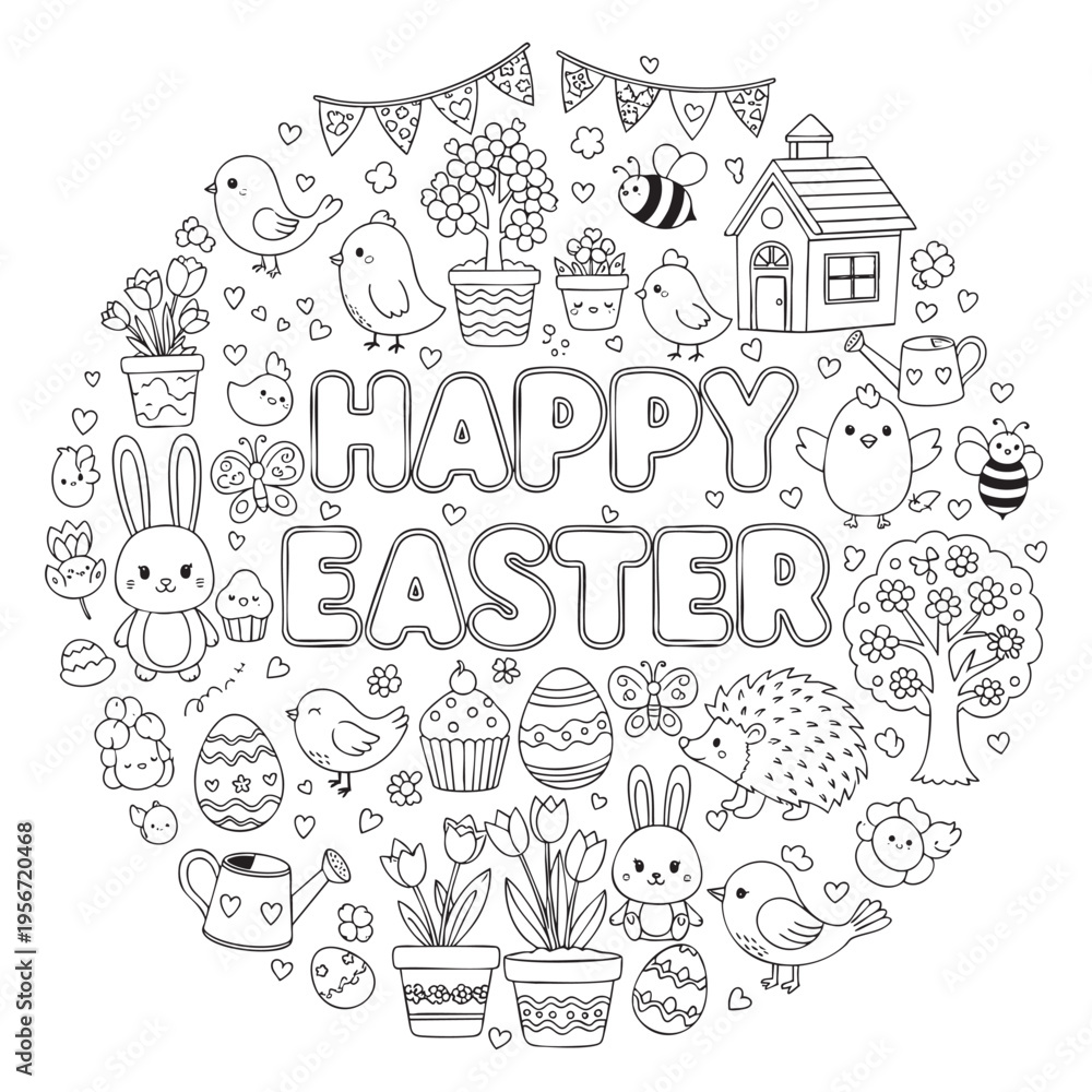 Fototapeta premium Happy Easter Doodle Coloring Page with Bunny Birds Flowers and Eggs Cute Line Art