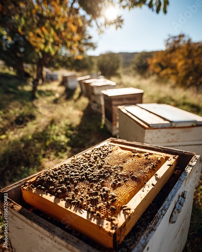 A bee colony inside the beehive with a sunlight background and environment view
