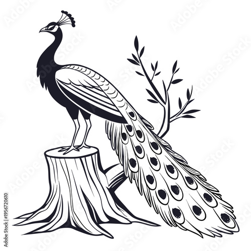 Black and white Peacock standing on a tree stump vector image isolated on white background.