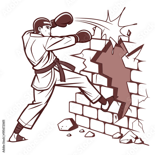 Karate fighter breaks through a brick wall with a powerful punch image vector isolated on white background.