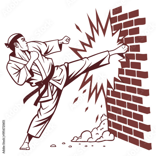 Karate fighter breaks through a brick wall with a powerful punch image vector isolated on white background.
