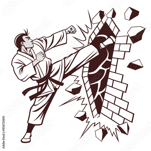 Karate fighter breaks through a brick wall with a powerful punch image vector isolated on white background.