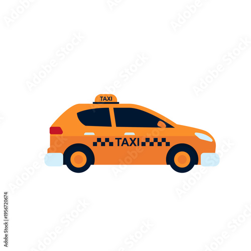 Flat Design Orange Taxi Car Illustration with "TAXI" Sign and Checkered Pattern for Urban Transportation