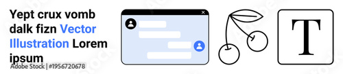 Digital communication, UI design, creative typography, text editing, fresh produce, conceptual design. Chatbox, cherry icon text block . Digital communication and UI design concept