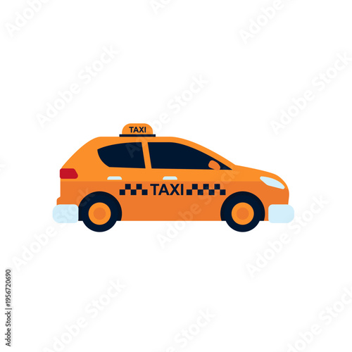 Yellow Taxi Car Flat Design Illustration with Roof Sign and Checkered Pattern