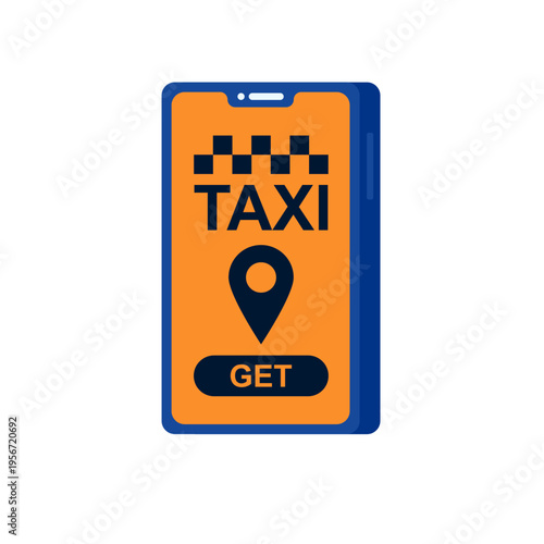 Mobile taxi app on smartphone screen with location pin and "GET" button for ride-hailing service.