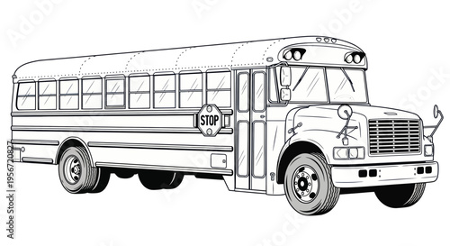 Classic School Bus Illustration - Black and White Line Art