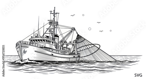 Fishing Trawler Boat Deploying Net at Sea, Maritime Industry Illustration