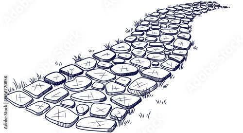 Hand-drawn stone pathway leading into the distance, garden path, illustration