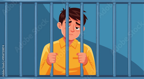 Sad Man Behind Bars in Prison Cell, Illustration