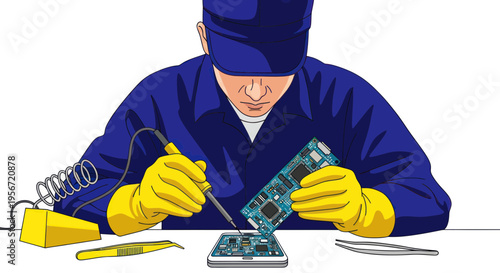 Technician repairing electronic circuit board with soldering iron, close-up