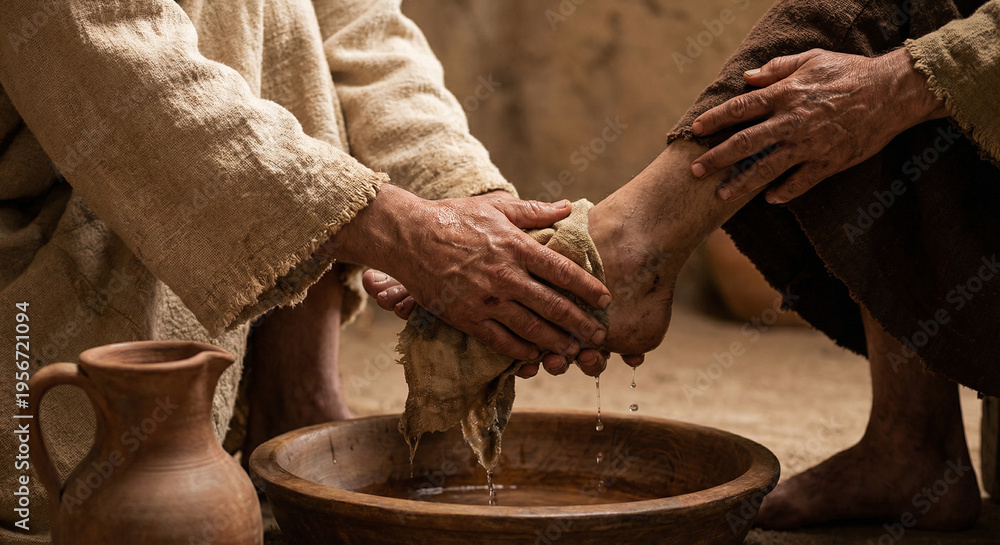 Naklejka premium iblical scene of Jesus Christ washing the feet of his disciple with a cloth over a wooden basin. Concept of humility, servant leadership, and Maundy Thursday during Holy Week.