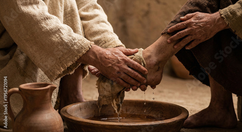 iblical scene of Jesus Christ washing the feet of his disciple with a cloth over a wooden basin. Concept of humility, servant leadership, and Maundy Thursday during Holy Week